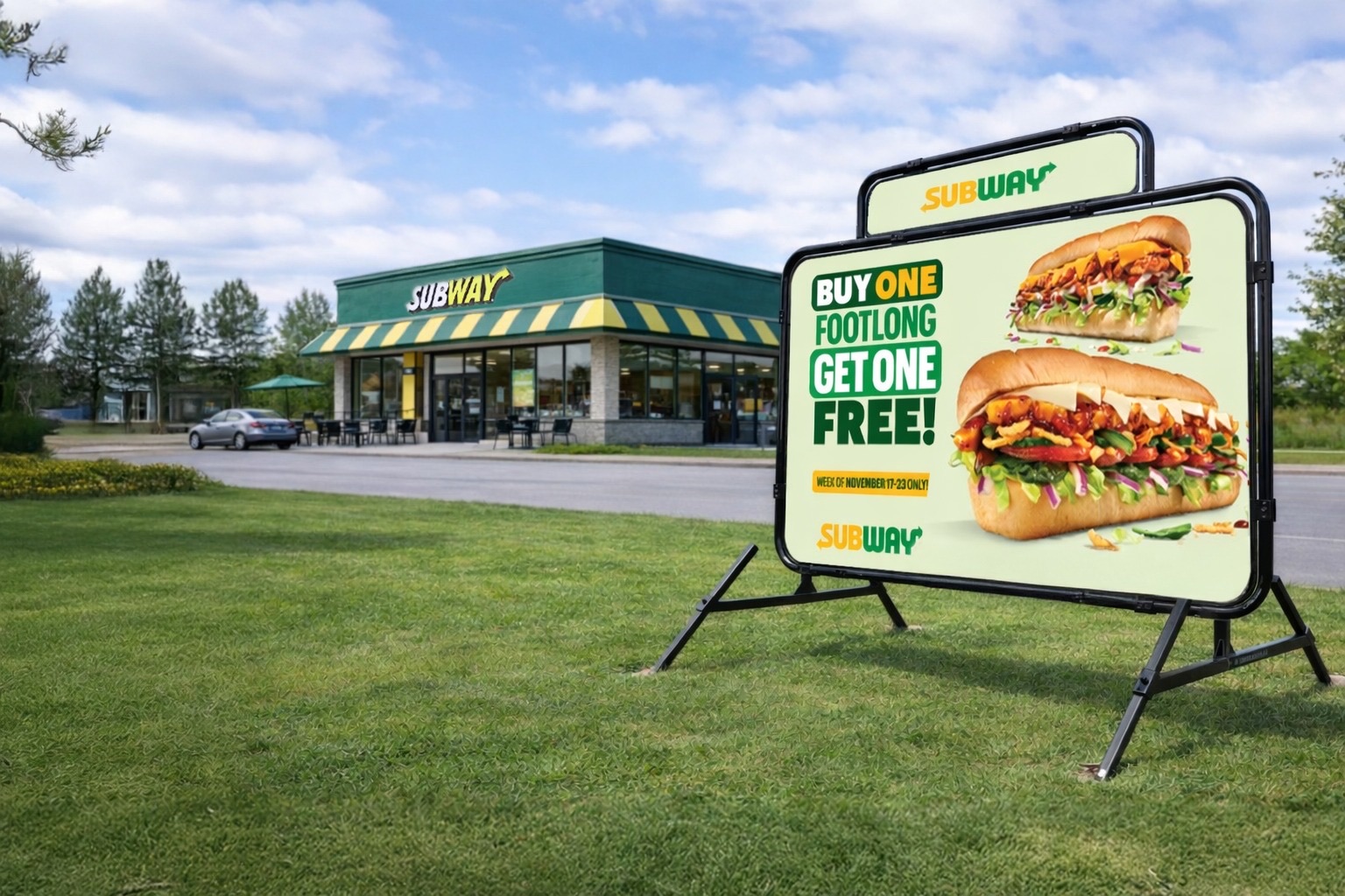 Curbex Pedestal sign on a boardwalk displaying Bloom Bar